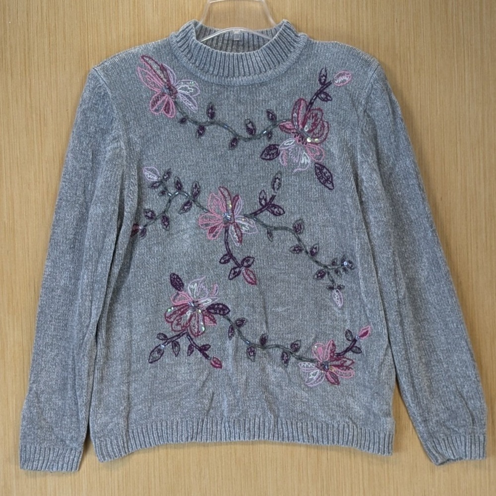 Alfred Dunner Floral Embroidered Sequin Beaded Sweater Size L Gray Cozy Grandma
